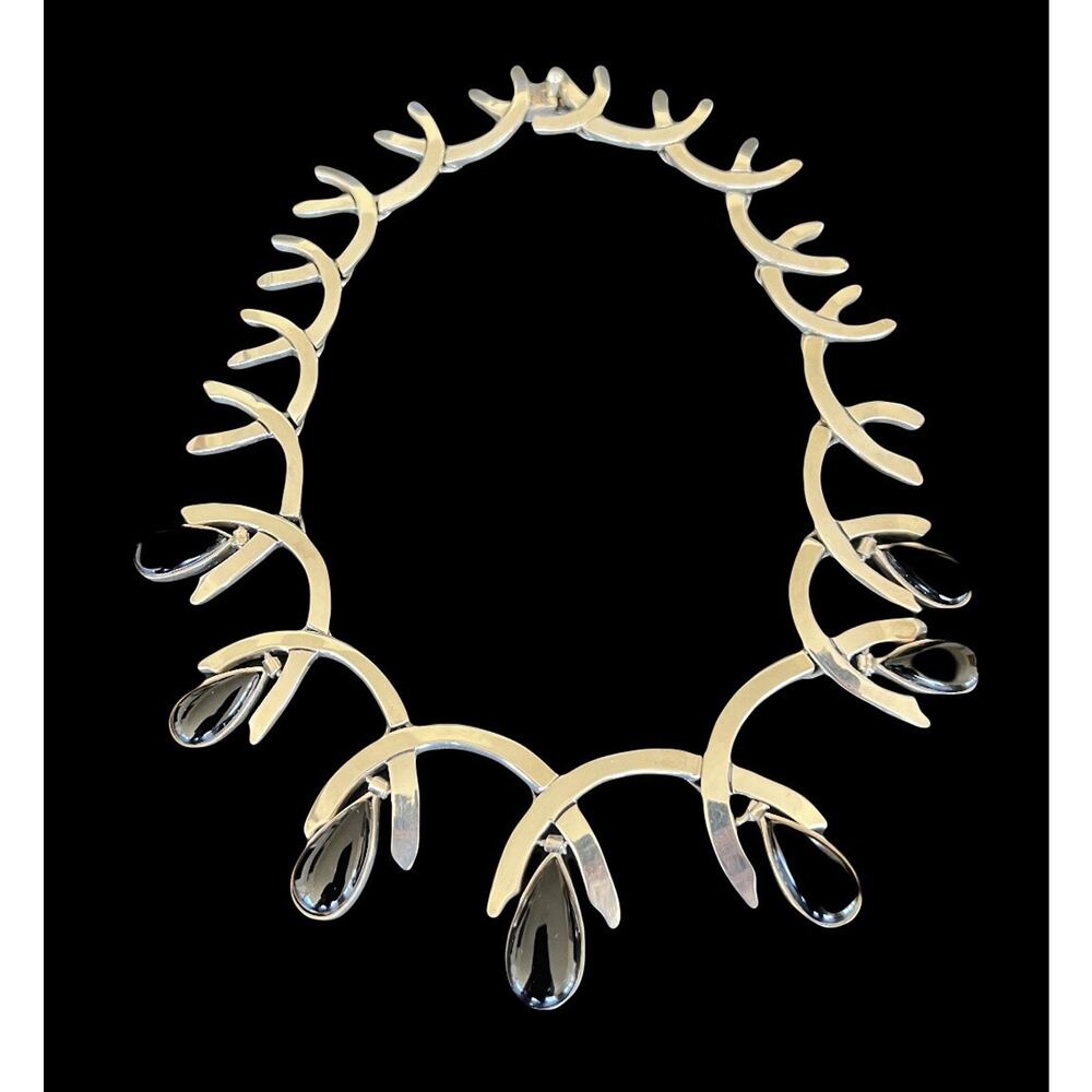 VTG 186g Mexico 950 Silver Onyx Modernist Teardrop Fringe Necklace Heavy Taxco